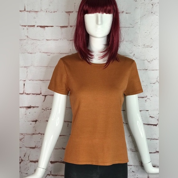 JONES NY PETITE MEDIUM Silk fine ribbed knit caramel brown short sleeve top MP - Picture 12 of 12